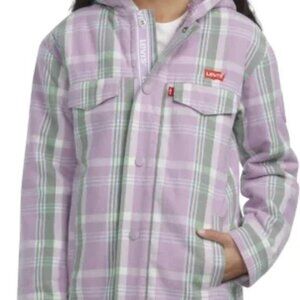 Levi's Girls Size Large 14/16 Purple Plaid Hooded Sherpa Flannel Shacket Shirt